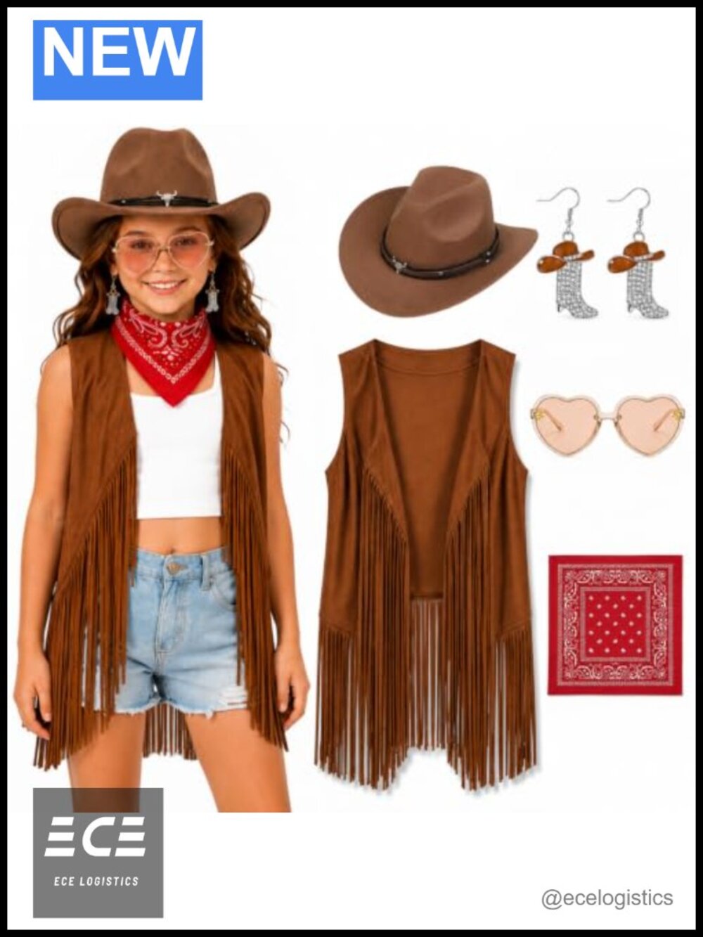 Girls Cowgirl Costume Set Fringe Vest Hat Bandana Dress Up